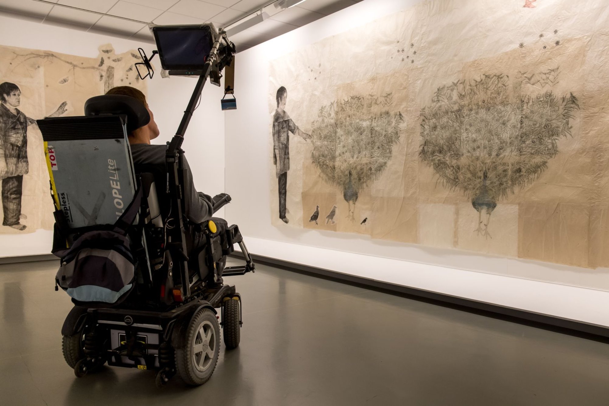 Ein junger Mann in einem elektrischen Rollstuhl sieht sich sepiafarbene, großformatige Gemälde in einer Galerie an.
Bild: Danny Gys | Reporters Reporters | GYS PUBLICATION